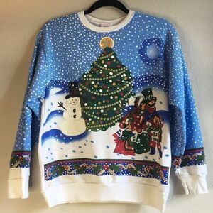 Vintage 1992 Jane Colby Christmas sweater snowman tree moon carolers